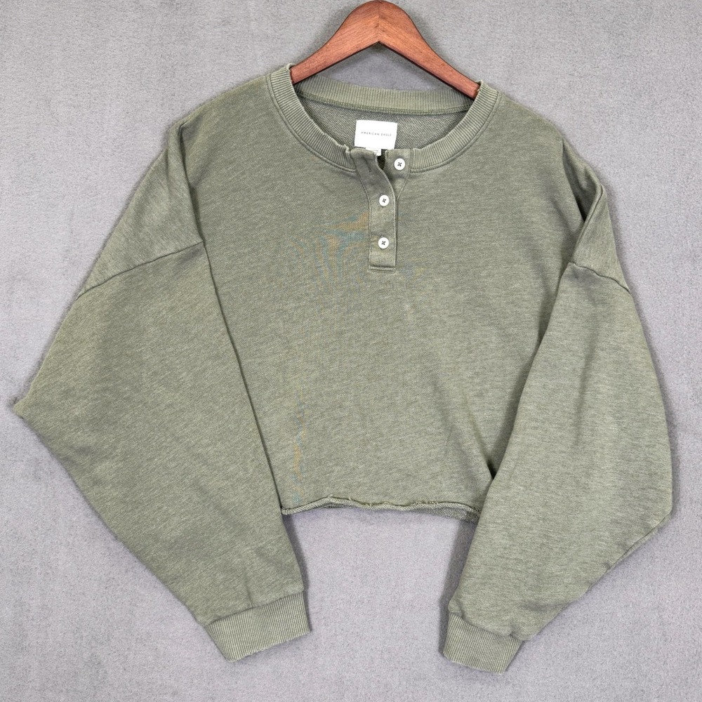 American Eagle Henley Sweatshirt Women XL Green Cropped Raw Hem Casual Pullover